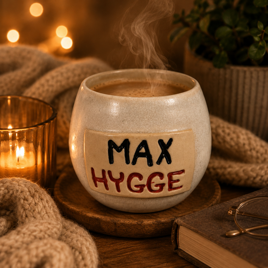 **Håndlavet stentøjskrus – “MAX HYGGE” ☕